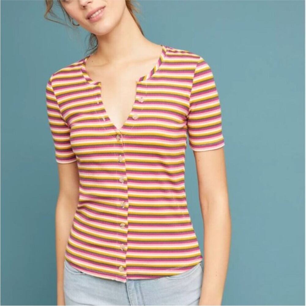 NWOT Anthropologie Maeve Pink Striped Ribbed Short Sleeve Button Front Tee M